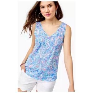 Lilly Pulitzer Gigi Cotton V Neck All Over Print Tank Top Zanzibar Blue Medium